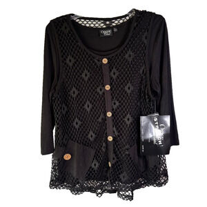 Onque Casual‎ Top Black w/Mesh overlay Women's Size L Wild Things Whimsygoth NWT
